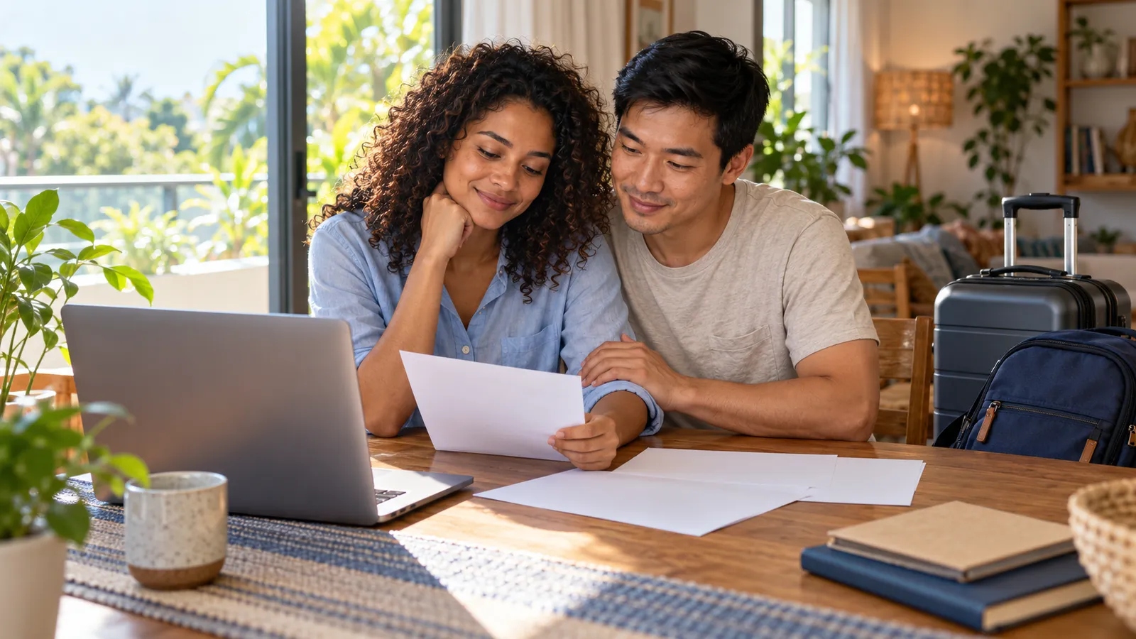 Casal brasileiro analisa papéis à mesa de casa, com um notebook à frente e uma mala e uma mochila ao lado.