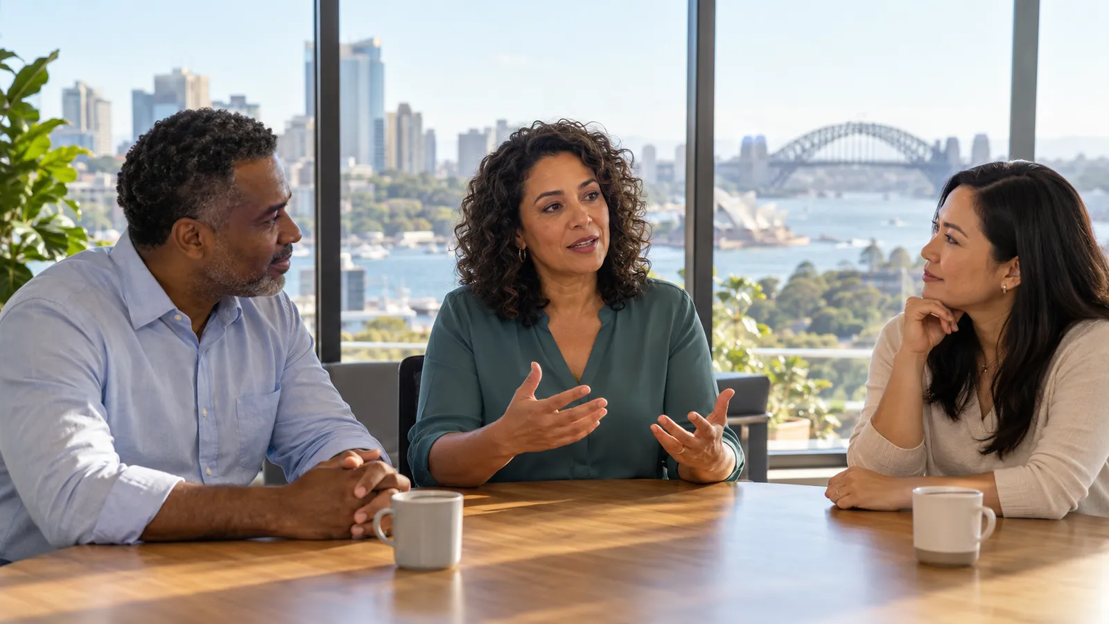 Gestora conduz reunião com dois colegas em um escritório iluminado, com vista para a baía e a ponte de Sydney.