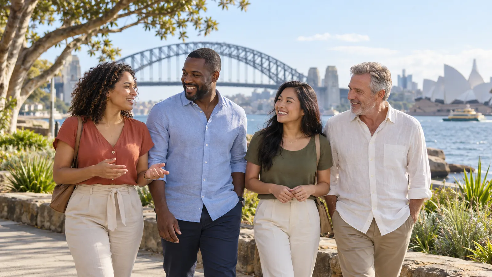 Quatro adultos de diferentes idades conversam à beira da água, com a ponte e a Ópera de Sydney ao fundo.