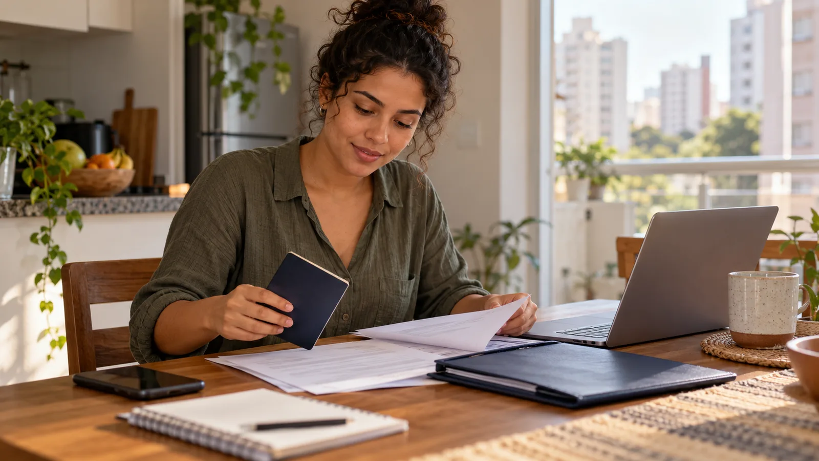 Jovem brasileira organiza passaporte e documentos à mesa da cozinha, ao lado de um laptop, sob a luz da manhã.