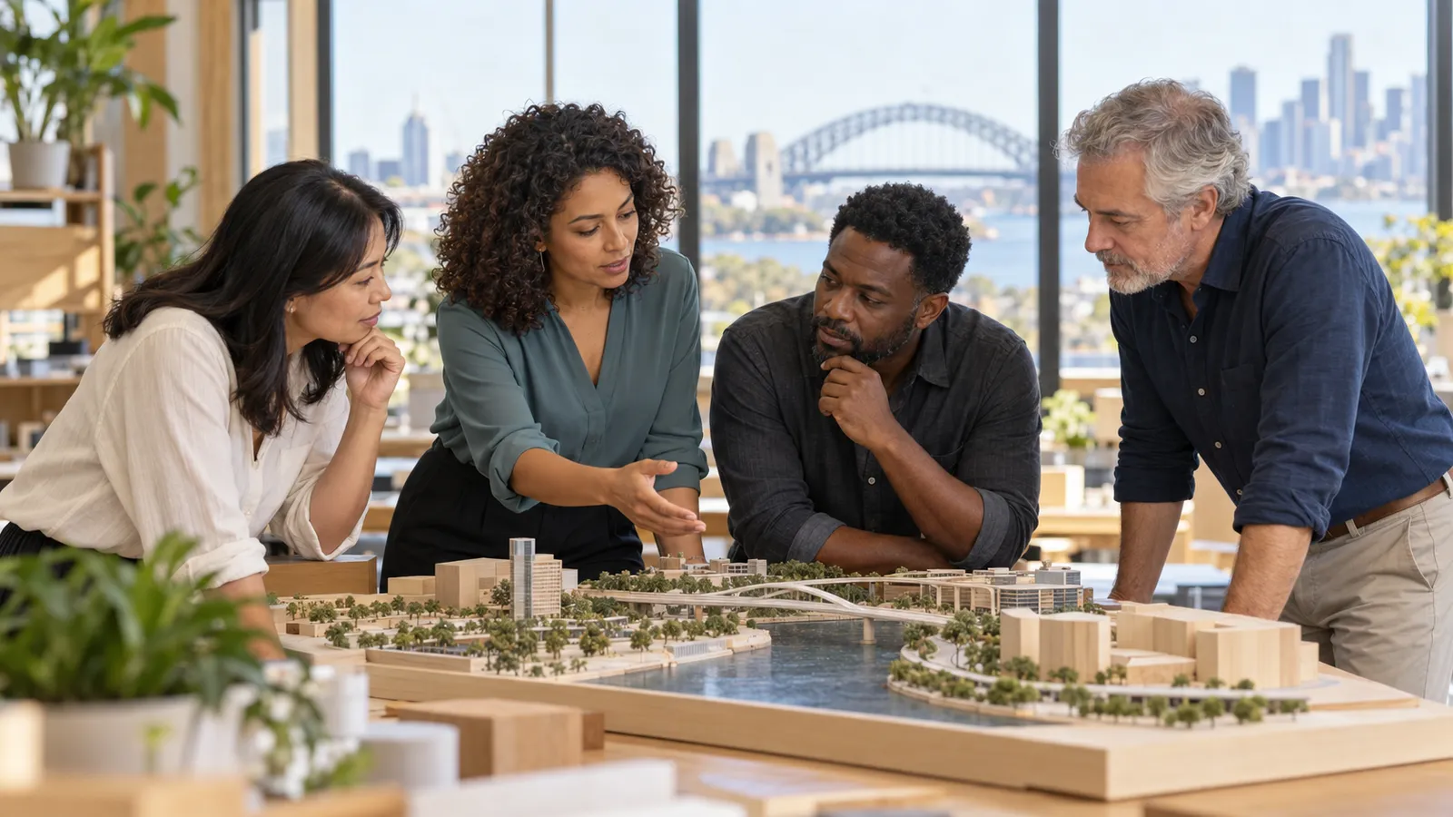 Quatro profissionais analisam uma maquete urbana em um escritório iluminado, com a ponte de Sydney ao fundo.