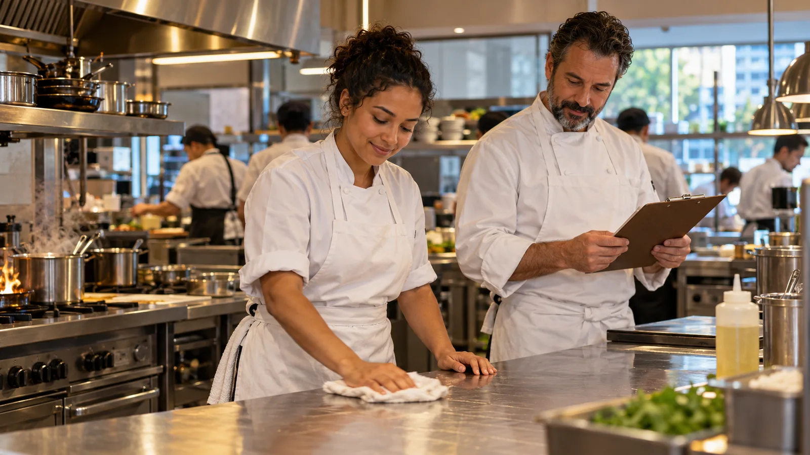 Jovem brasileira limpa uma bancada de aço enquanto o chef confere uma prancheta em uma cozinha comercial em Brisbane.