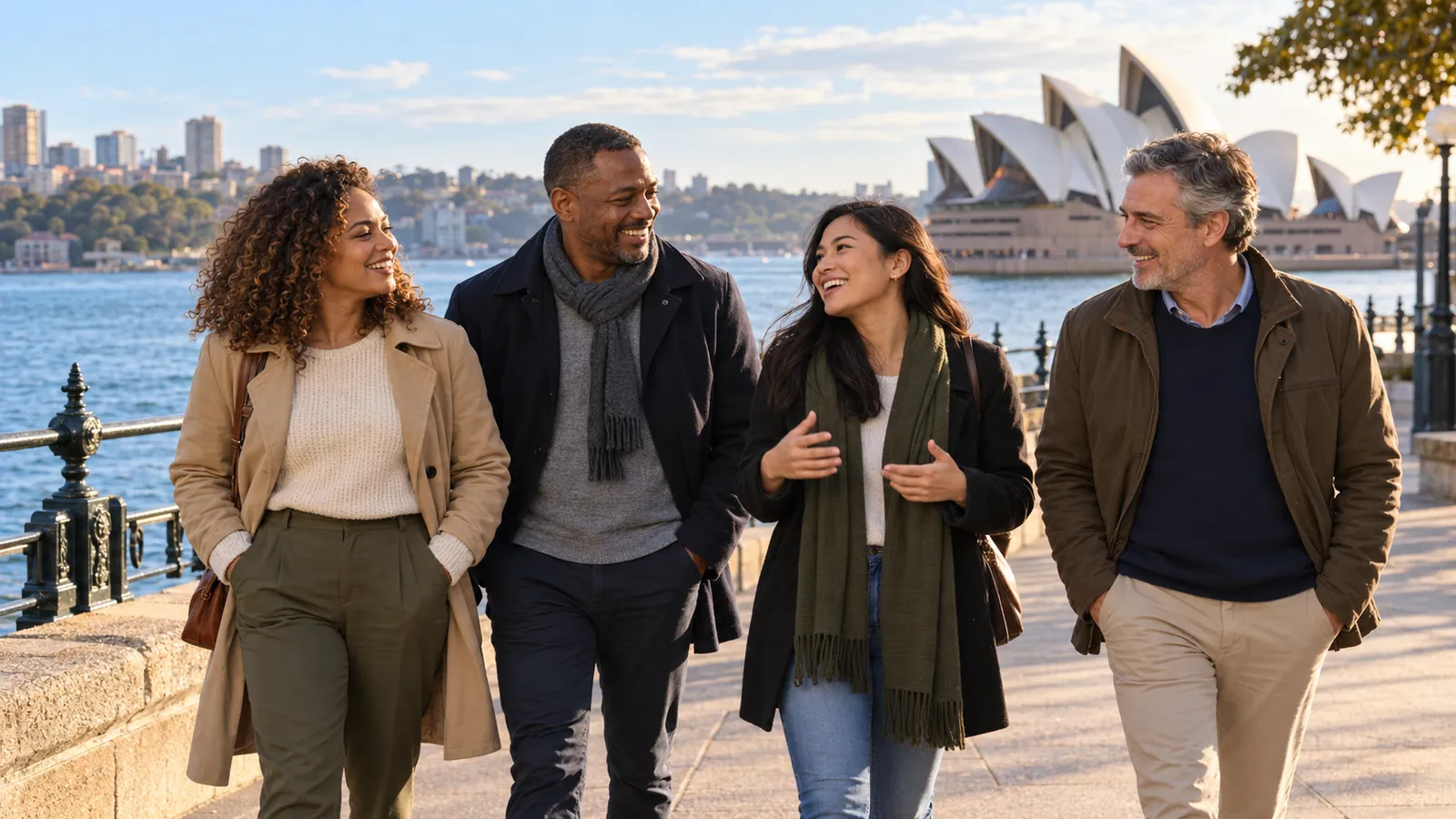 Quatro adultos caminham e conversam à beira da baía de Sydney, com a Ópera de Sydney ao fundo.