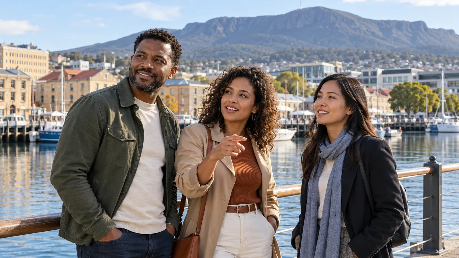 Três profissionais brasileiros conversam à beira do porto de Hobart, com barcos e o monte Wellington ao fundo.