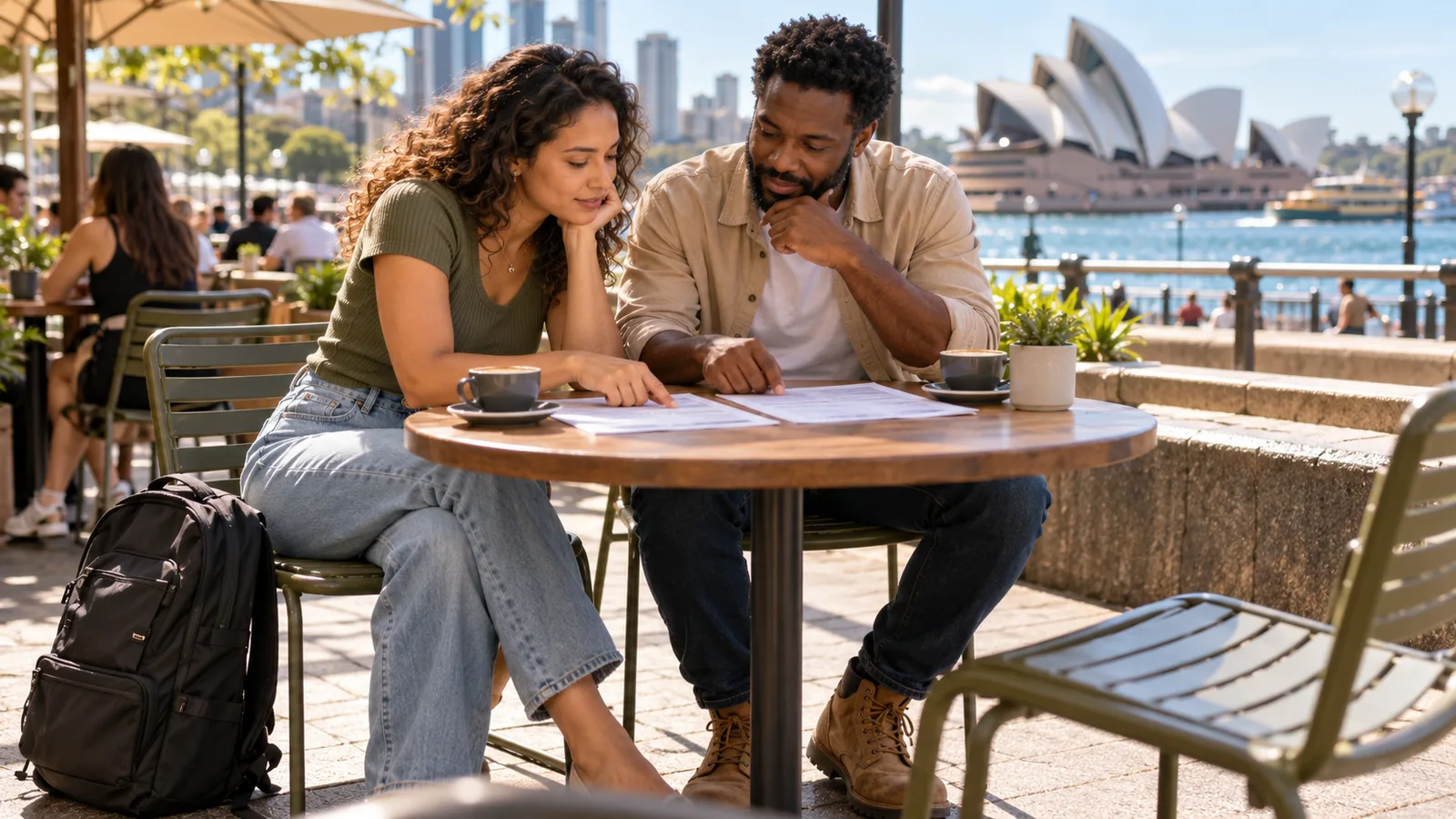Dois brasileiros comparam listas de requisitos de visto em um café de Sydney, com a Ópera ao fundo.