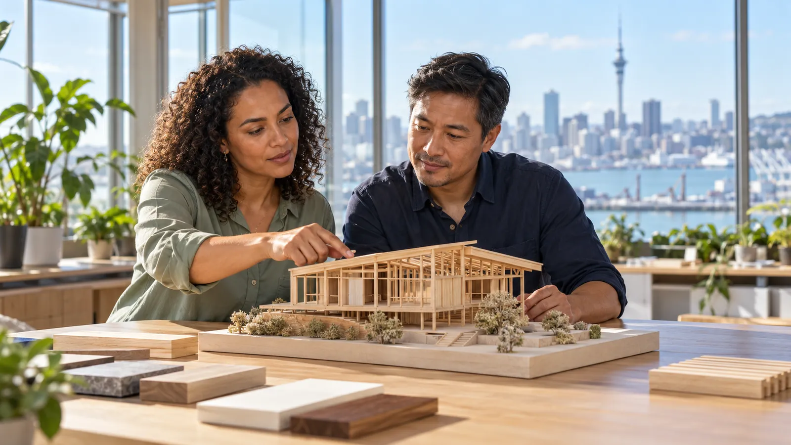 Dois profissionais analisam uma maquete de madeira em um escritório iluminado, com o porto e a cidade de Auckland ao fundo.