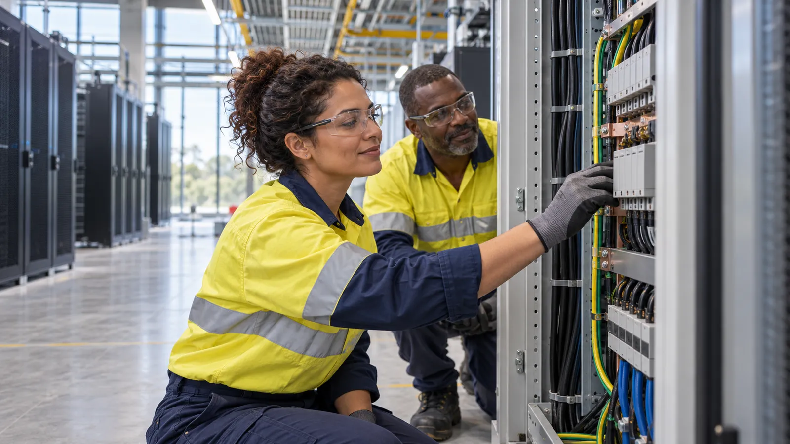 Dois eletricistas com roupas de segurança inspecionam um painel elétrico em um data center iluminado por luz natural.