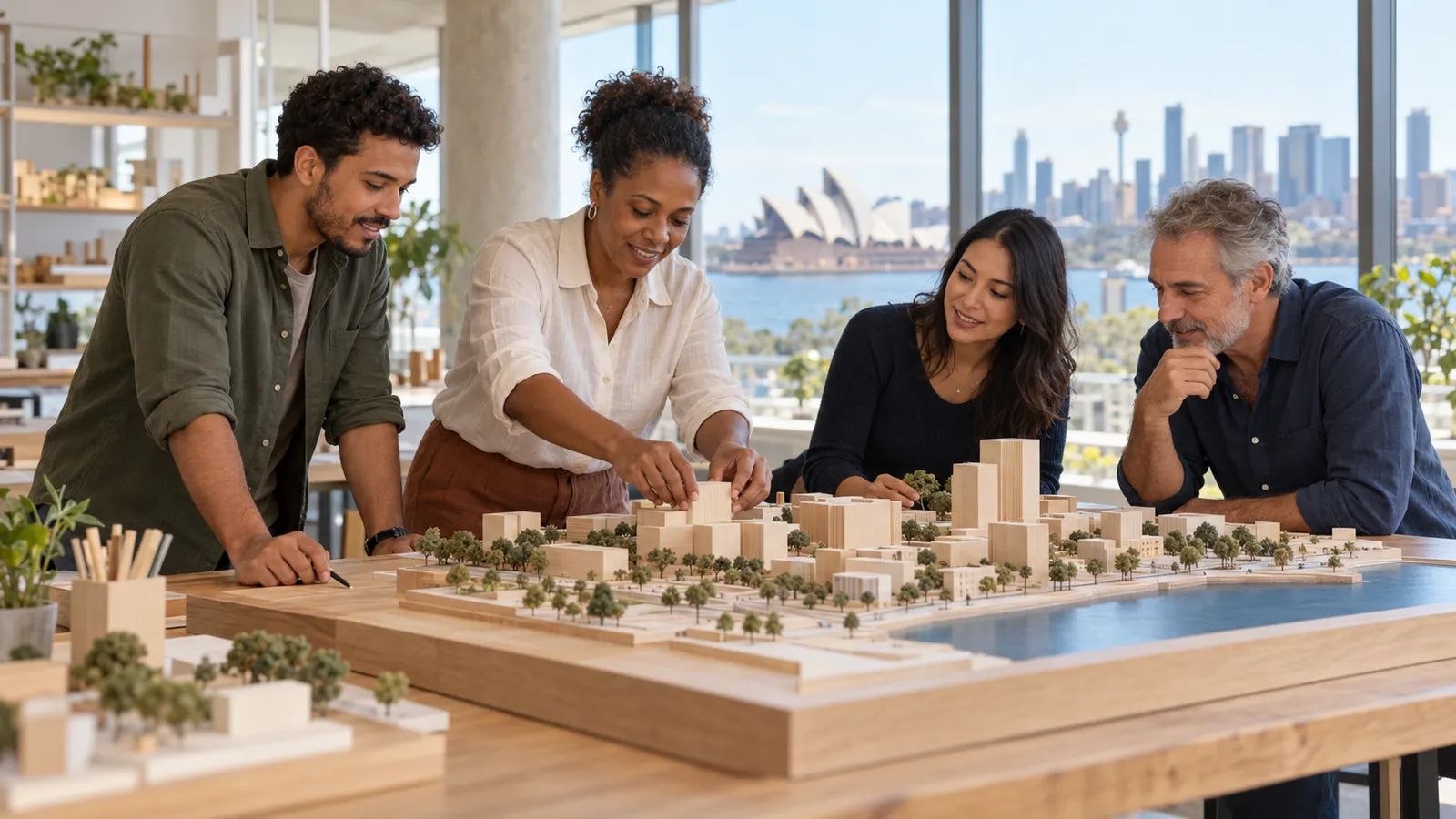 Quatro profissionais de diferentes idades trabalham juntos em uma maquete arquitetônica, com a Ópera de Sydney ao fundo.