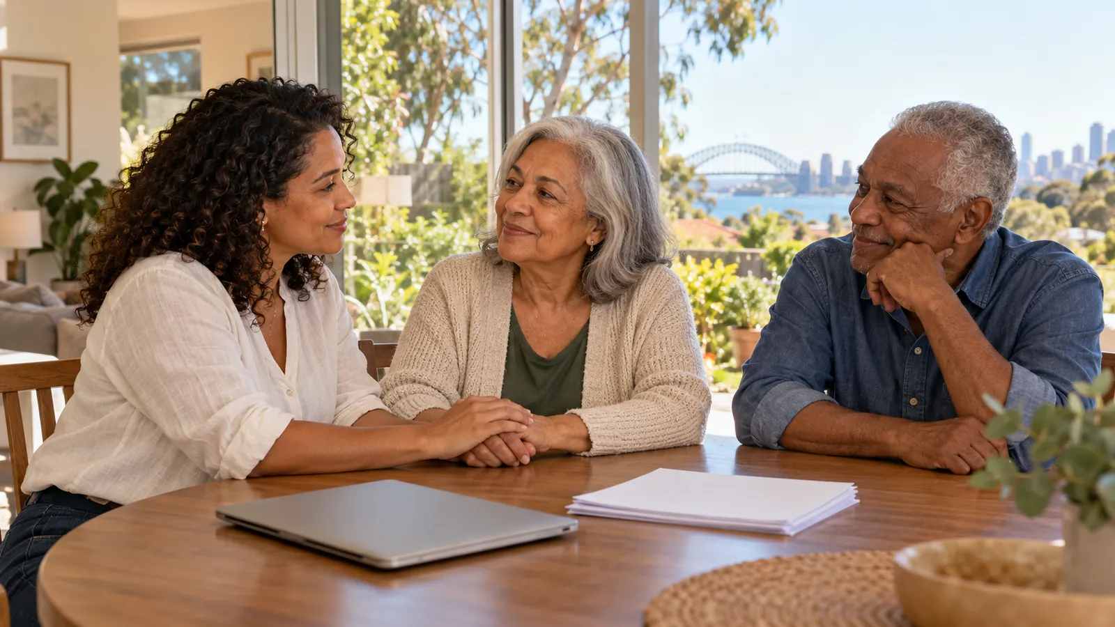 Mulher segura a mão da mãe idosa enquanto conversa com os pais à mesa, em uma casa com vista para a ponte de Sydney.