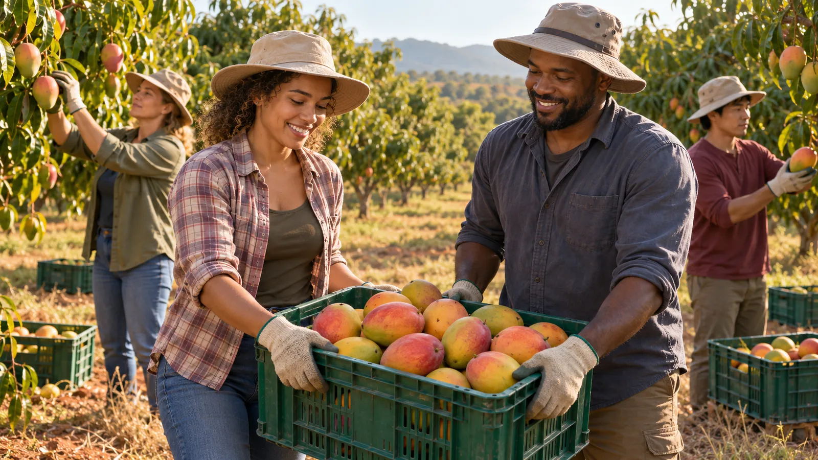 Trabalhadores colhem mangas em um pomar australiano, enquanto dois colegas carregam uma caixa cheia de frutas.
