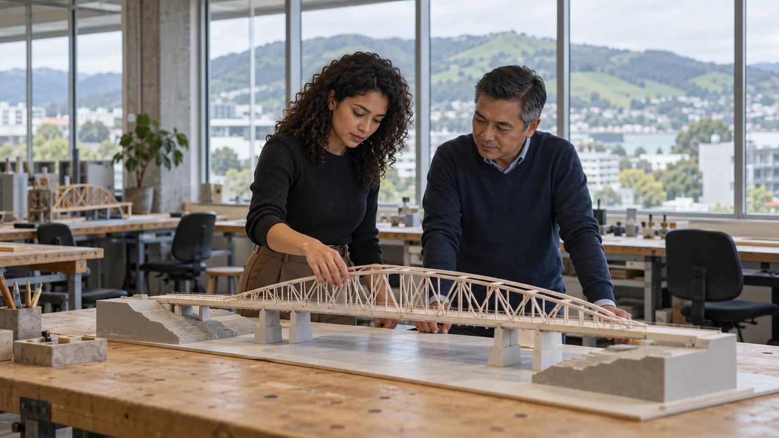 Engenheira e colega analisam uma maquete de ponte em um escritório iluminado, com colinas da Nova Zelândia ao fundo.