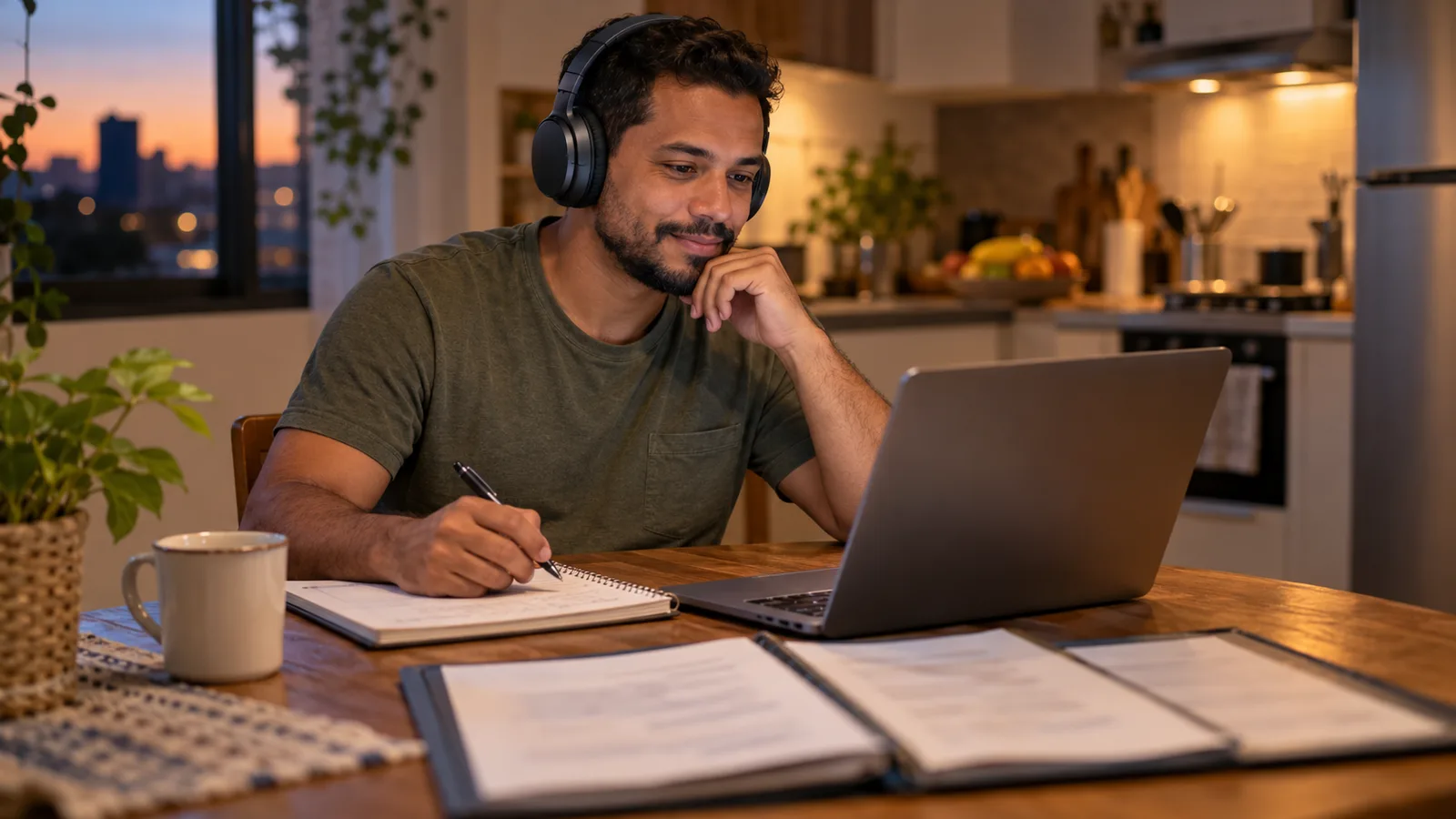 Brasileiro de fones estuda inglês no notebook à mesa da cozinha, com anotações e documentos ao lado.
