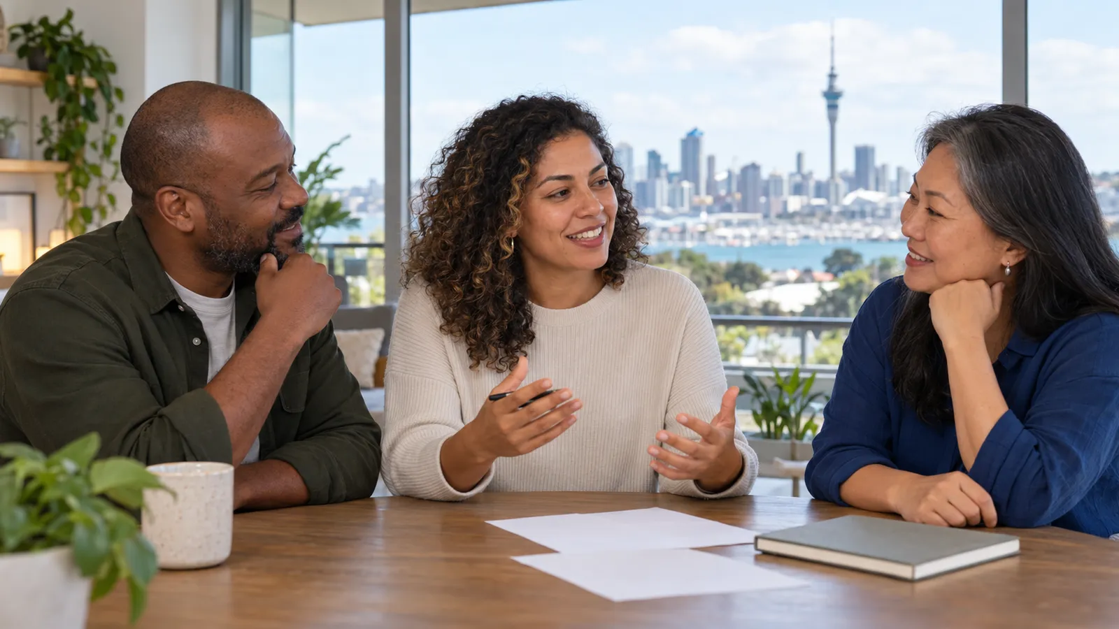 Três adultos conversam à mesa com folhas em branco, em um apartamento com vista para a Sky Tower, em Auckland.