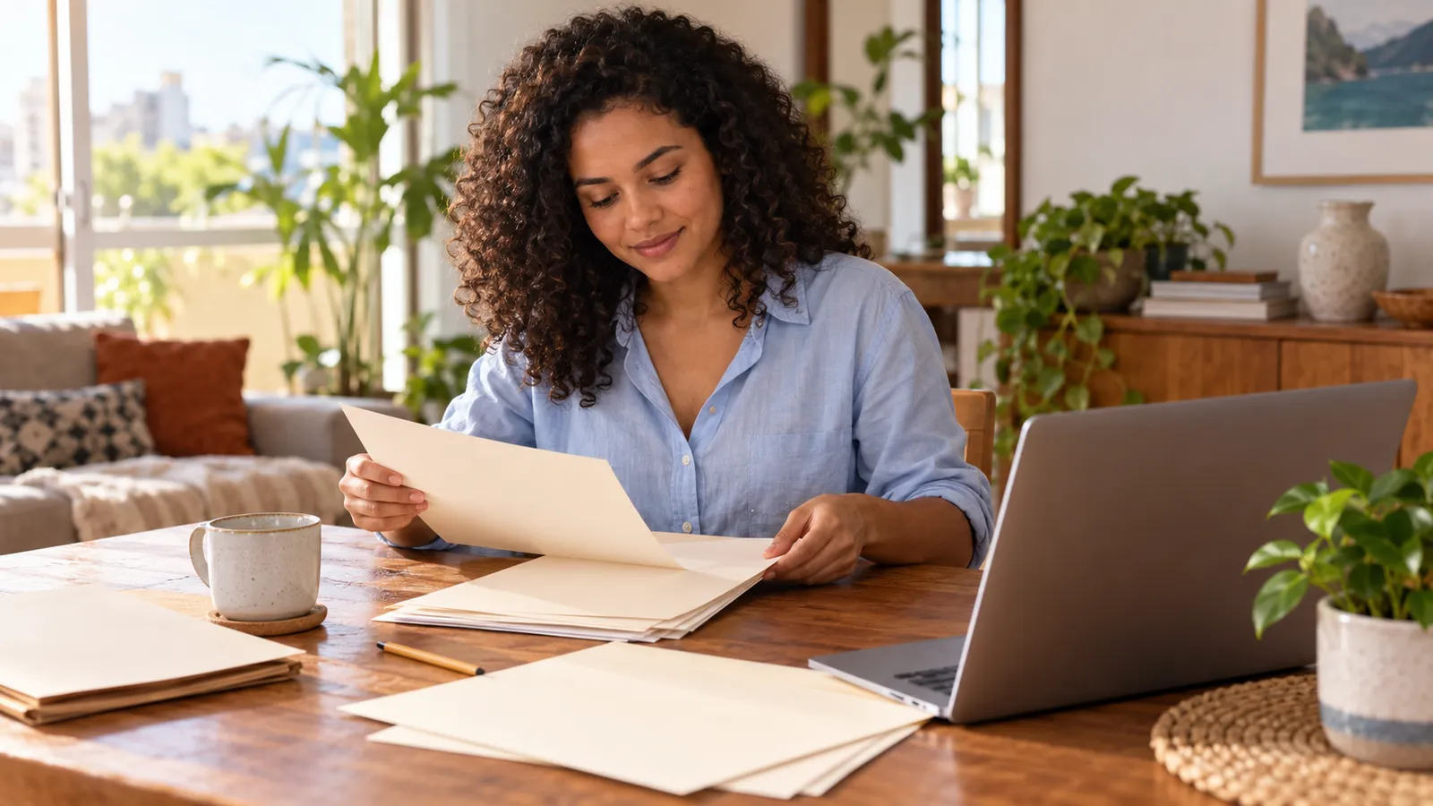 Mulher de cabelos cacheados organiza papéis em uma mesa com notebook, em uma sala iluminada pela luz natural.
