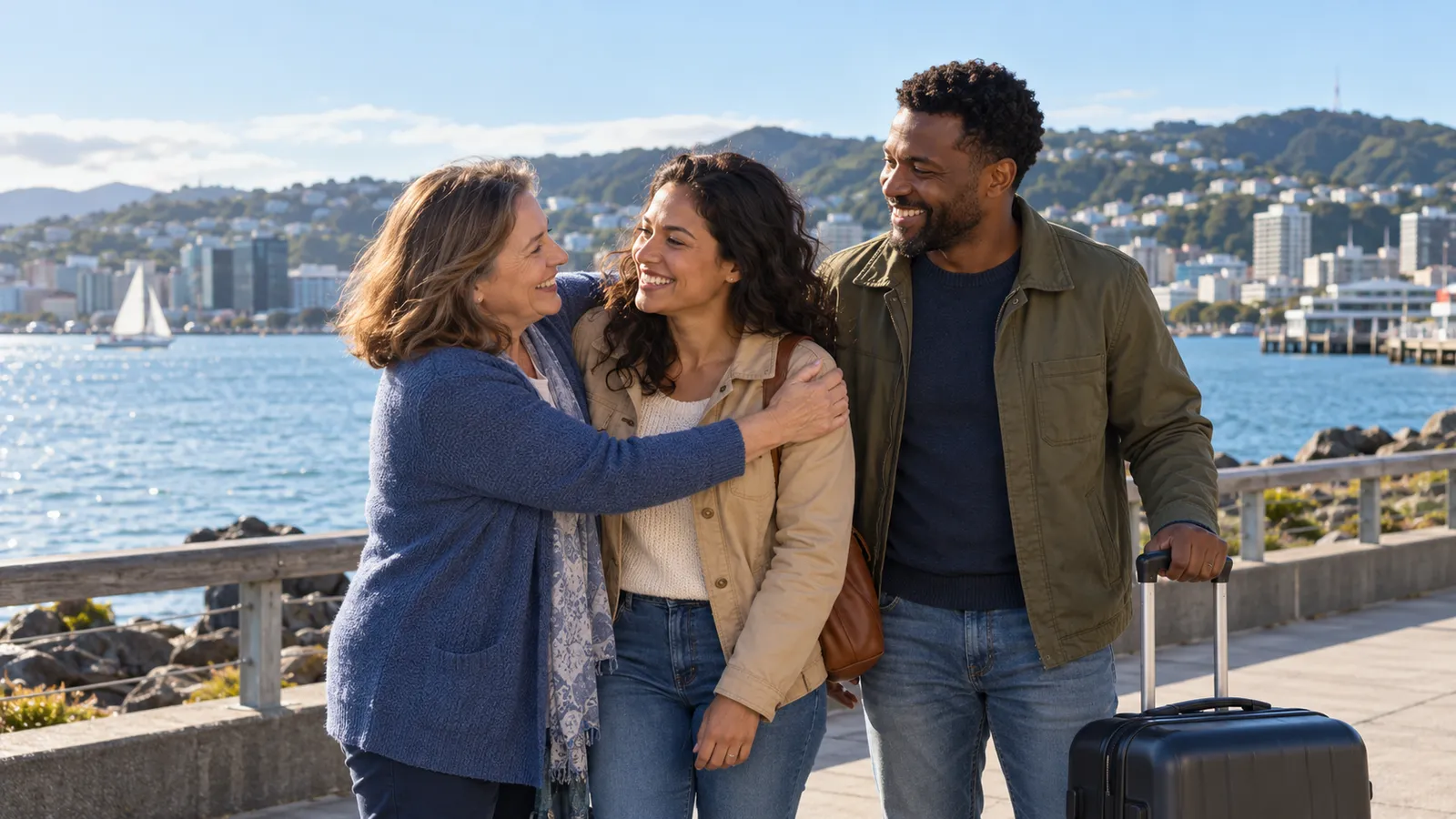 Duas mulheres se abraçam ao lado de um homem com mala na orla de Wellington, com o porto e as colinas ao fundo.