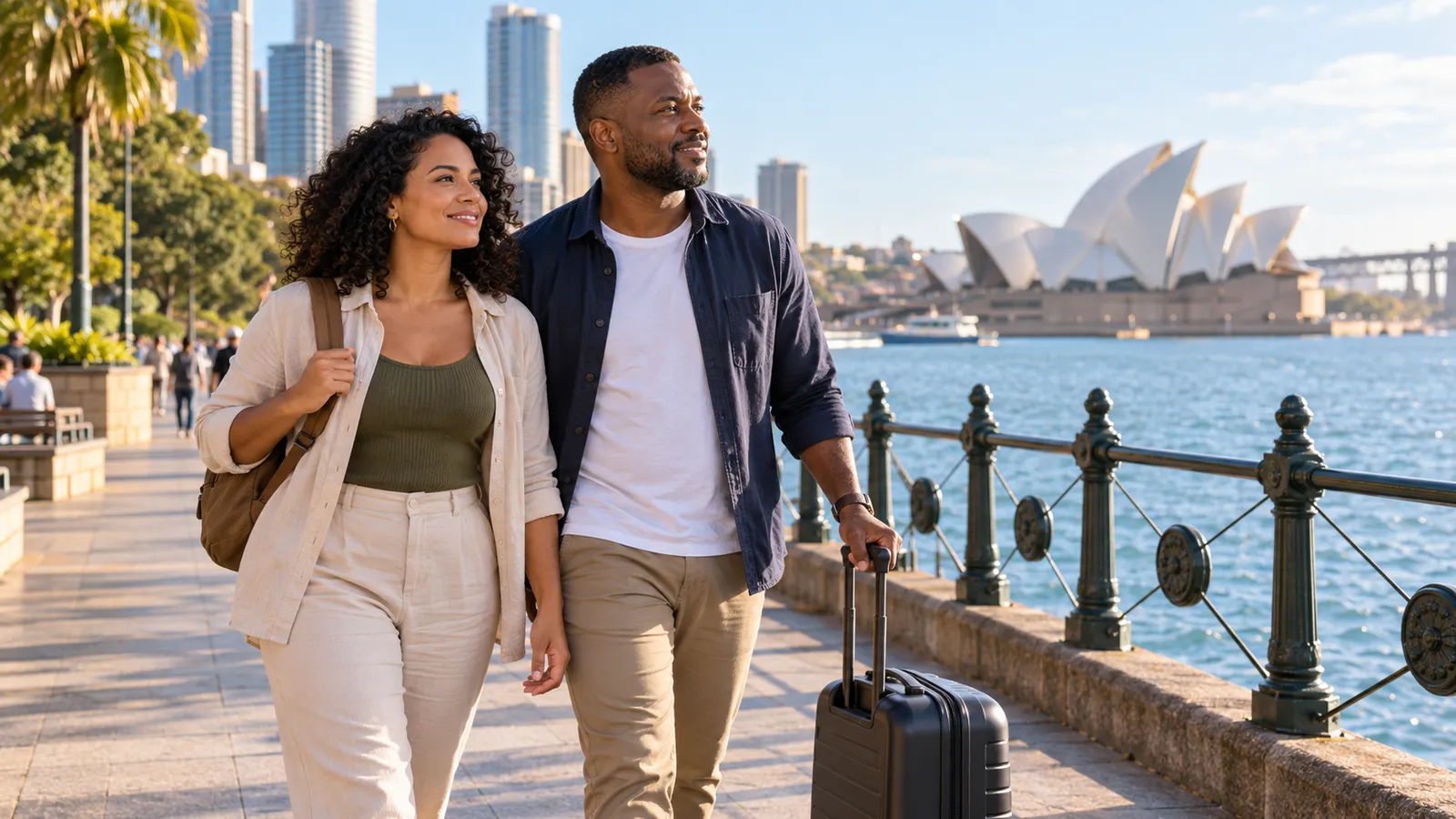Casal caminha com uma mala à beira da baía de Sydney, com a Ópera ao fundo sob a luz do sol.