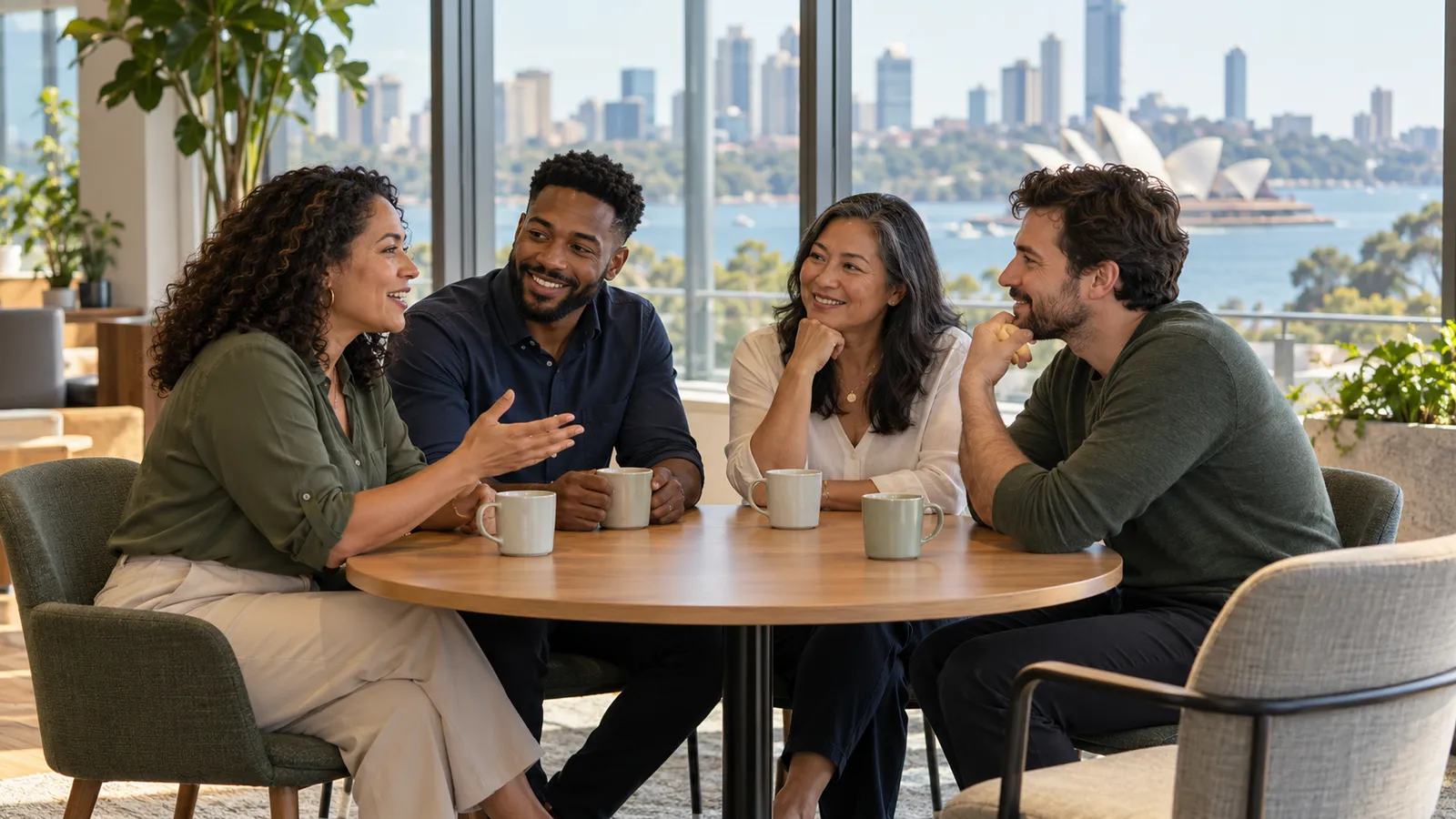 Quatro profissionais diversos conversam ao redor de uma mesa em um escritório com vista para a Ópera de Sydney.