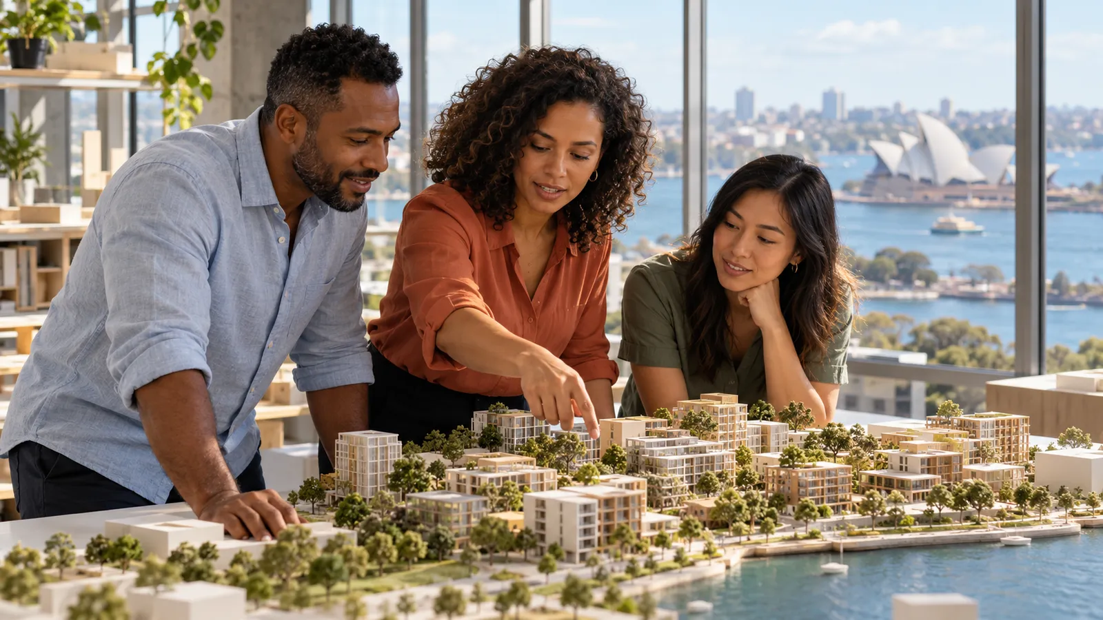 Três profissionais analisam uma maquete de bairro em um escritório iluminado, com a Ópera de Sydney ao fundo.