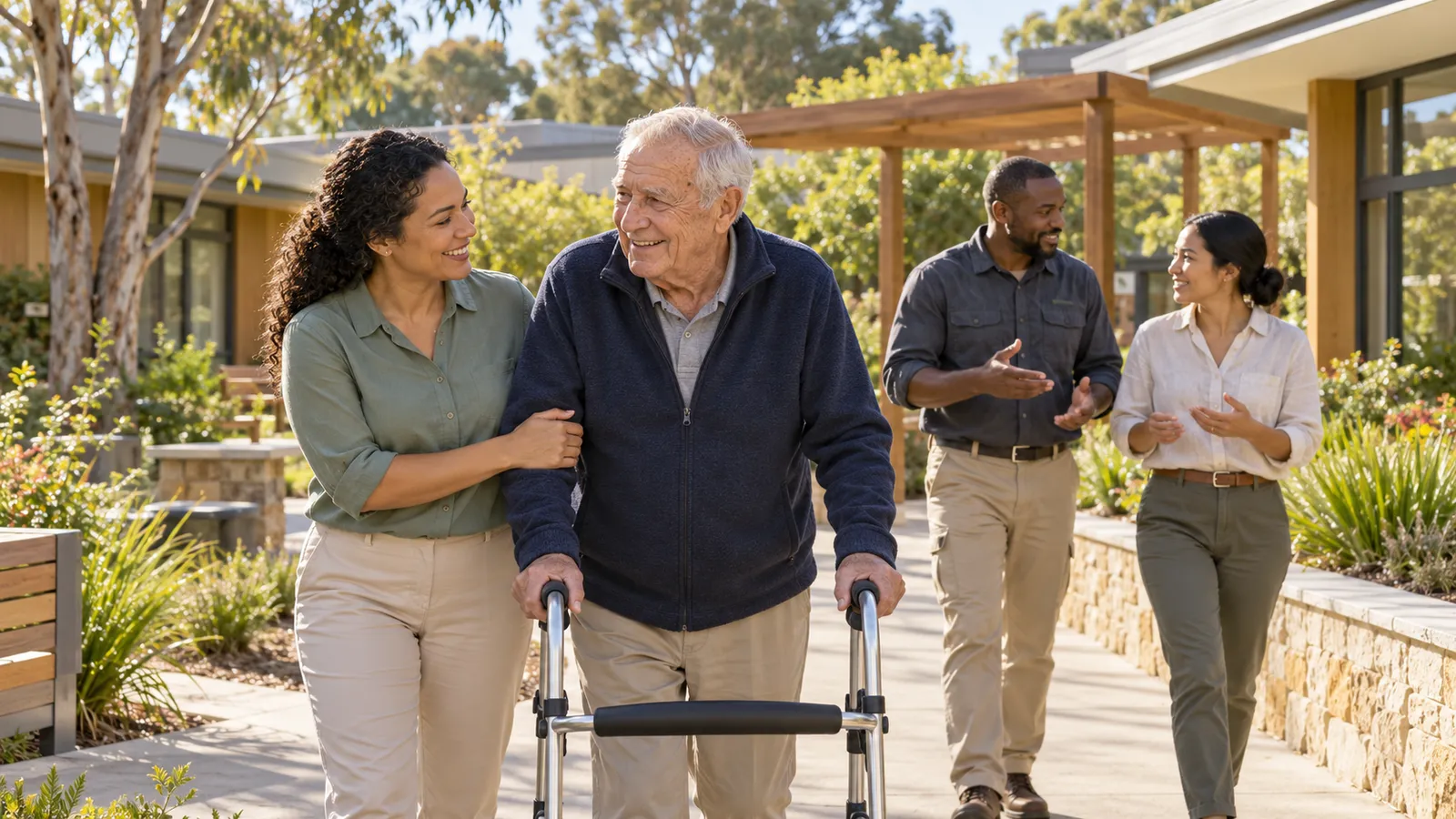 Cuidadora auxilia um idoso com andador em um jardim ensolarado, enquanto dois profissionais conversam ao fundo.