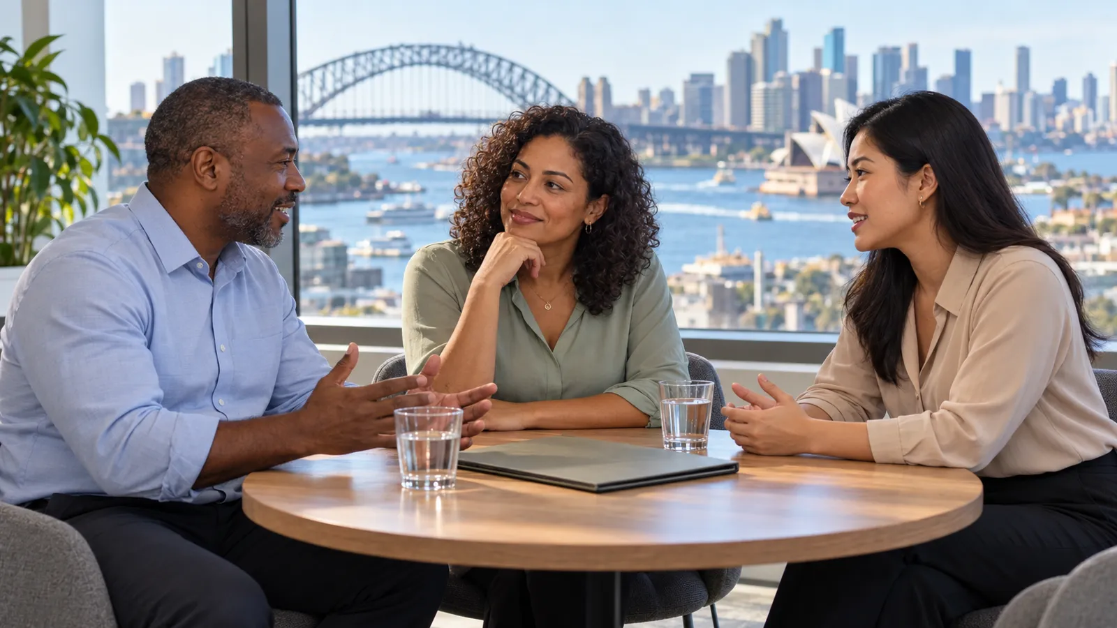 Três profissionais conversam ao redor de uma mesa em um escritório com vista para a baía e a ponte de Sydney.