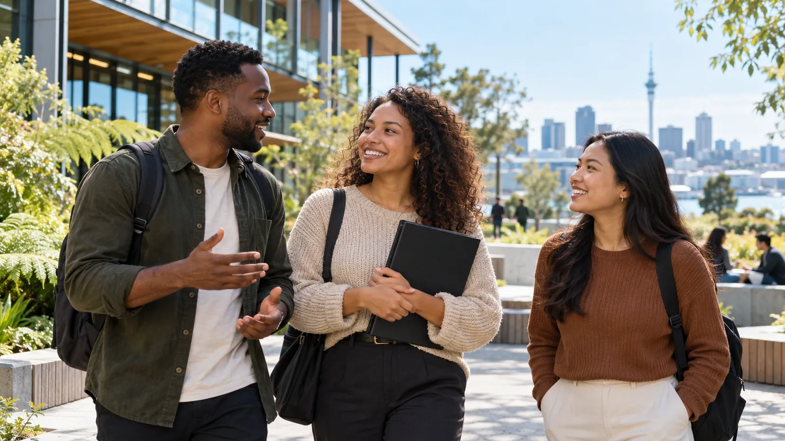Três jovens conversam em um campus arborizado, com prédios de Auckland e a Sky Tower ao fundo.