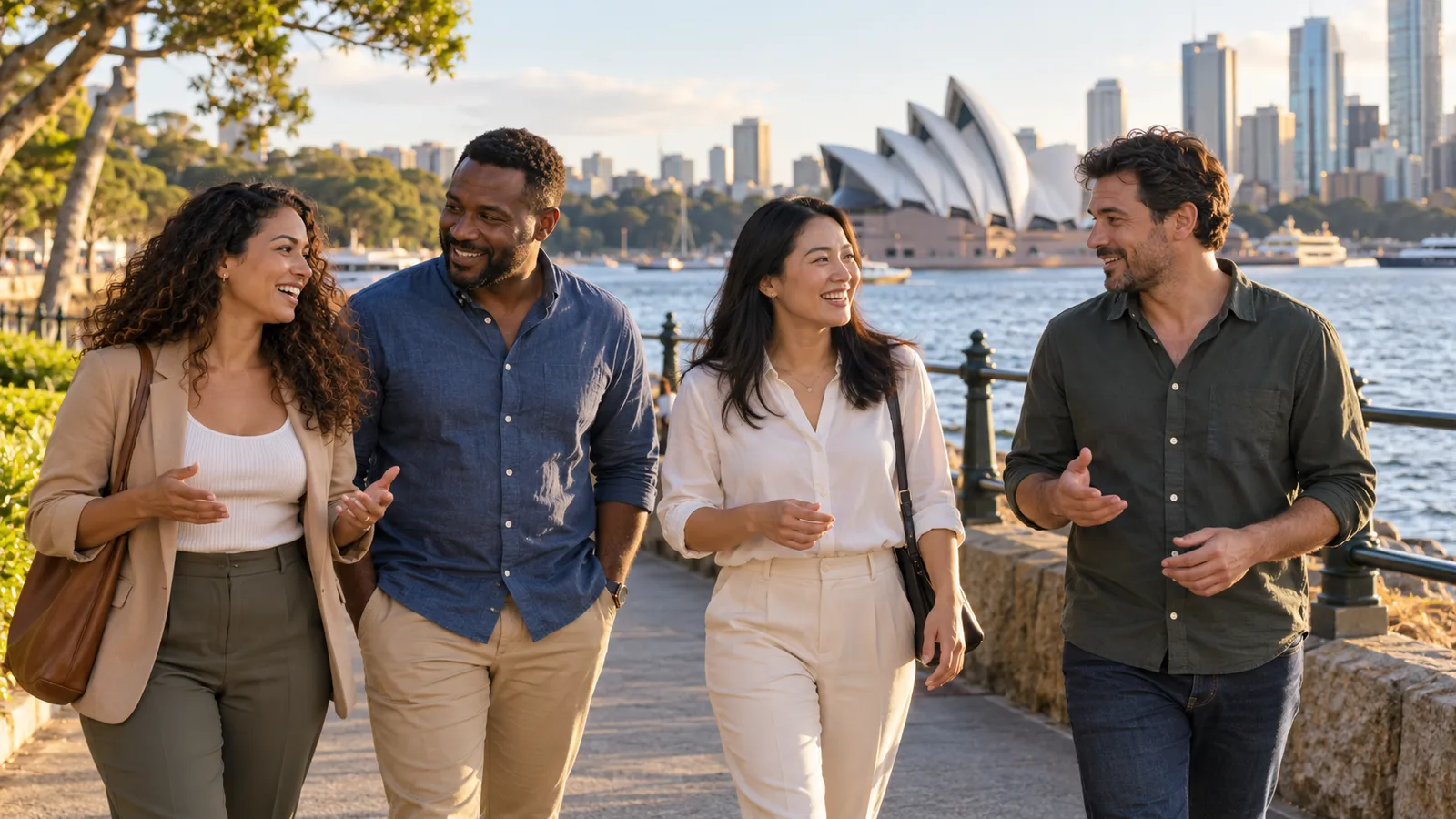 Quatro adultos caminham e conversam à beira da baía de Sydney, com a Ópera e os prédios da cidade ao fundo.