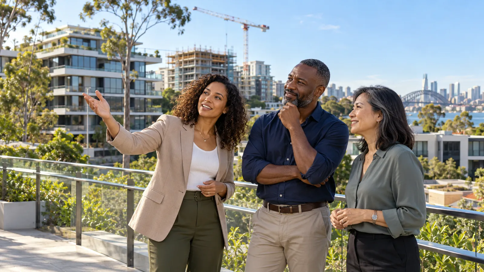 Três profissionais brasileiros conversam em um terraço, com edifícios residenciais e obras ao fundo em Sydney.