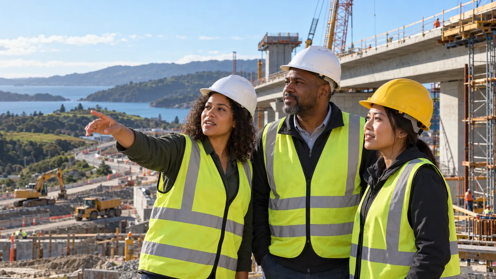 Três profissionais com capacetes e coletes refletores observam uma ponte em construção na Nova Zelândia, com mar e colinas ao fundo.