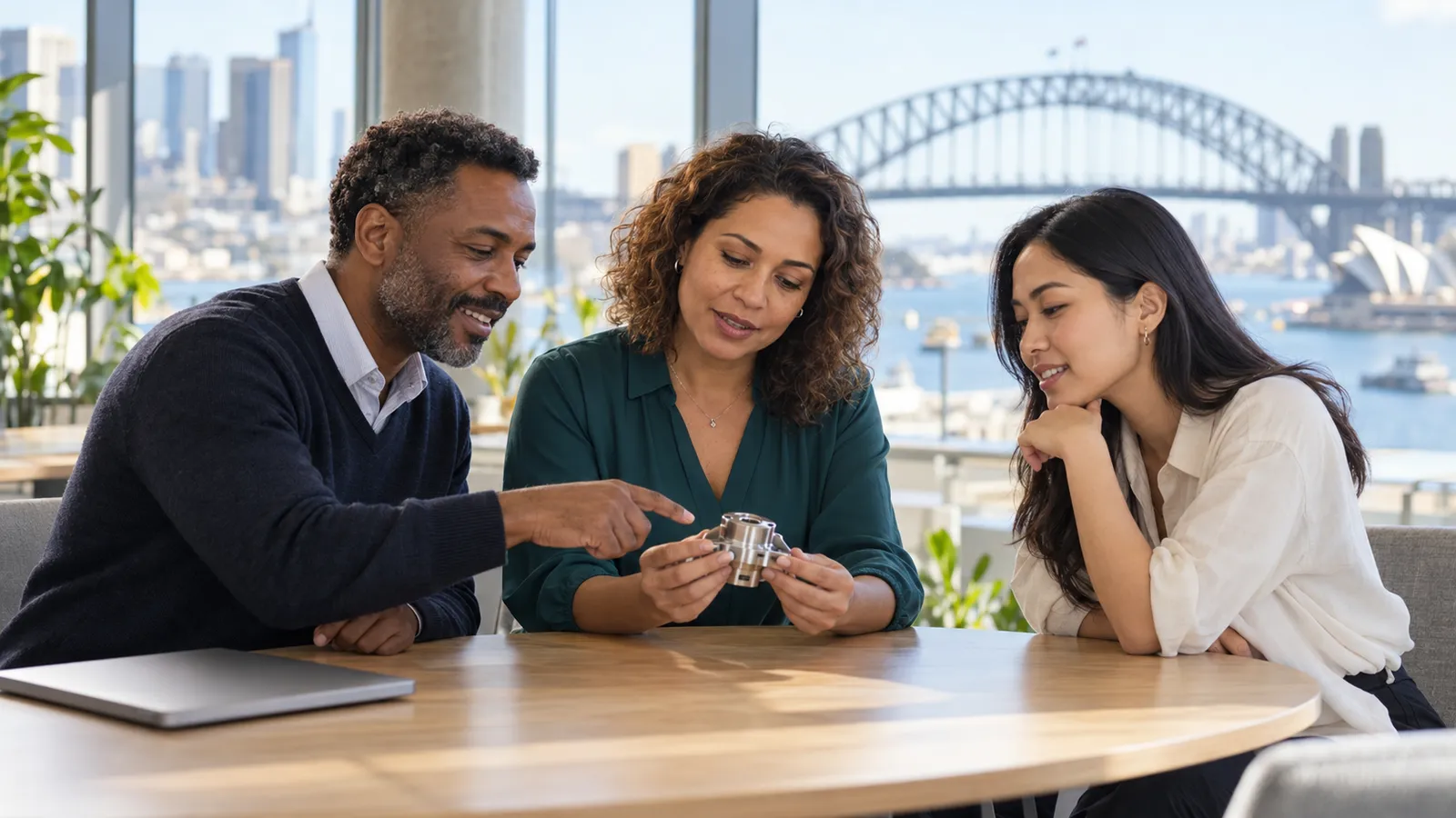 Três profissionais analisam uma peça metálica em um escritório iluminado, com a ponte da Baía de Sydney ao fundo.