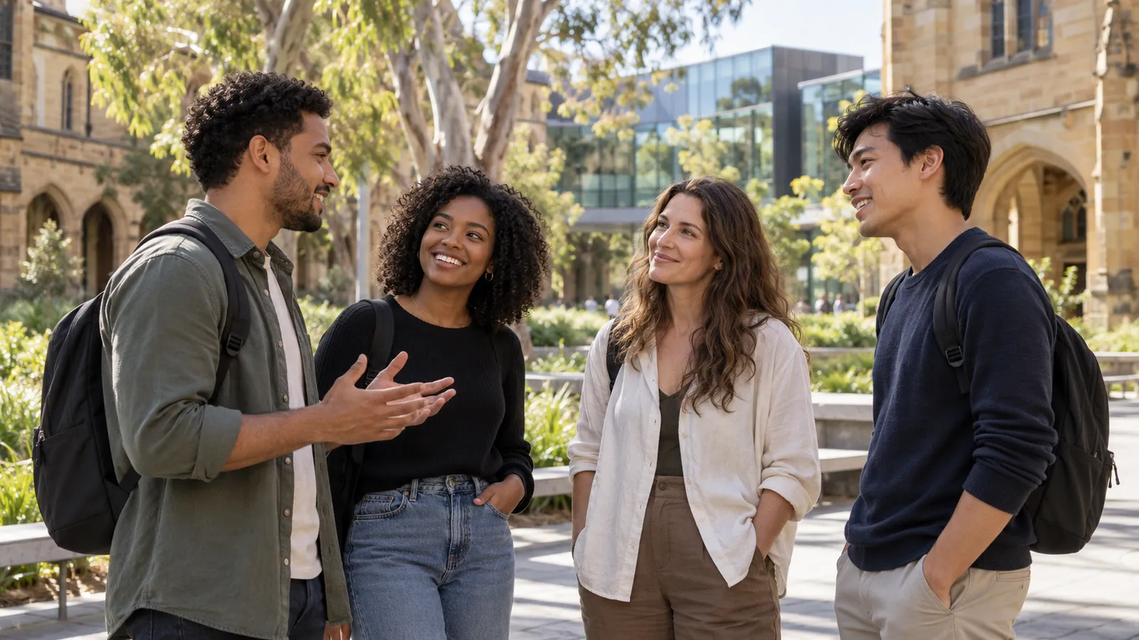 Quatro estudantes conversam em um pátio universitário australiano, entre árvores e prédios de pedra e vidro.