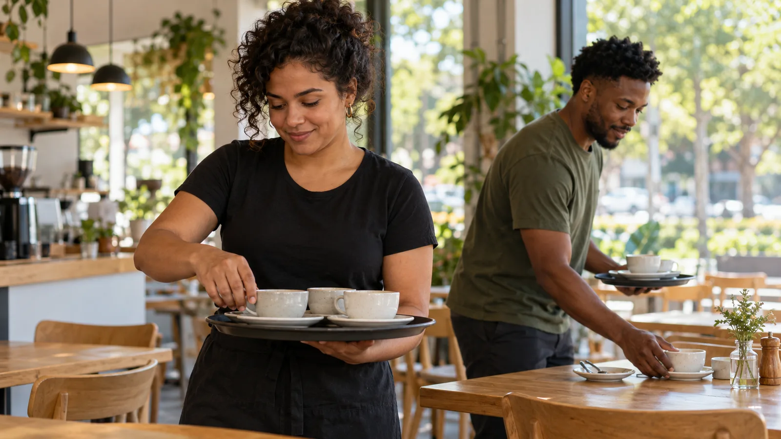 Brasileira organiza xícaras em uma bandeja enquanto colega recolhe a louça em um café australiano com luz natural.
