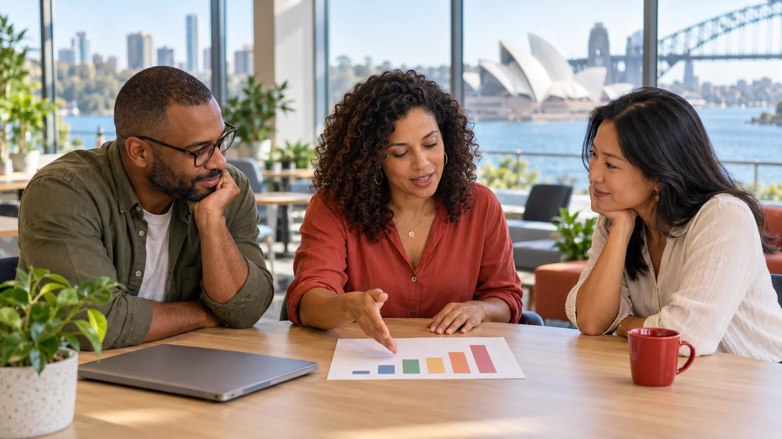 Três adultos analisam um gráfico à mesa de um escritório, com a Ópera de Sydney e a ponte da baía ao fundo.