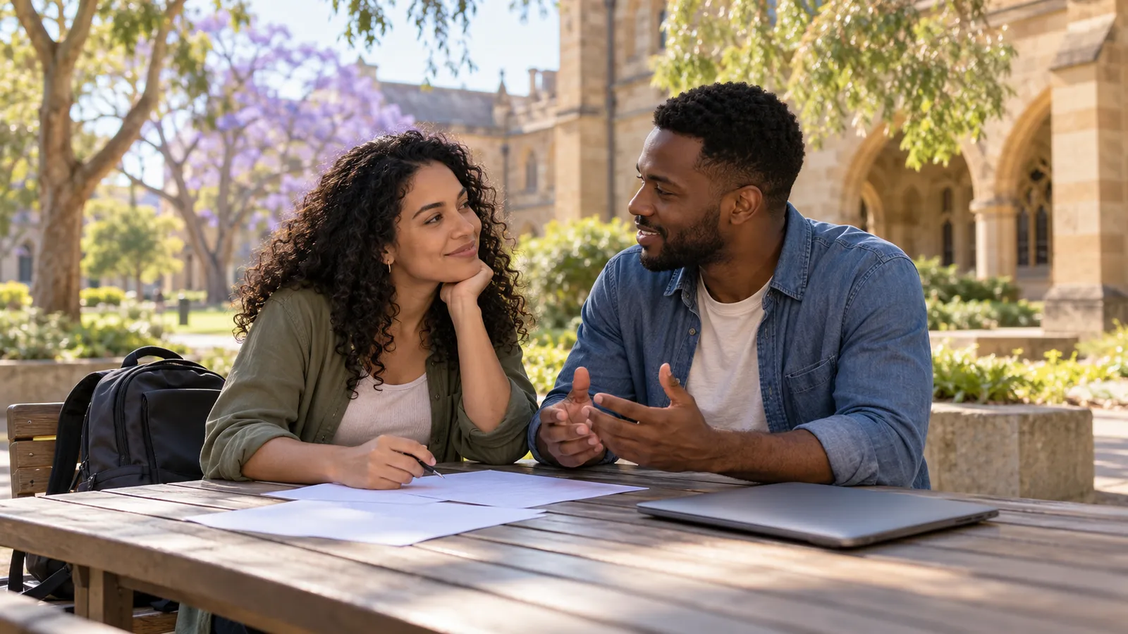 Casal brasileiro conversa à mesa com papéis e um laptop fechado em um campus universitário australiano arborizado.