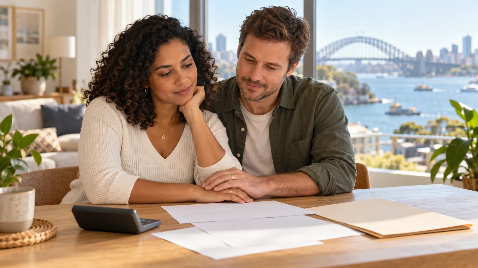 Casal observa papéis à mesa, com as mãos sobrepostas, em um apartamento com vista para a Harbour Bridge, em Sydney.