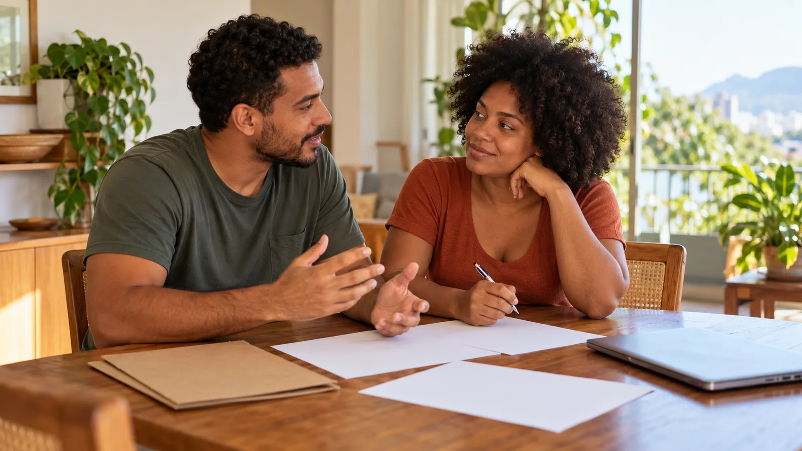 Casal brasileiro conversa à mesa de casa, com folhas em branco, uma pasta e um notebook fechado.