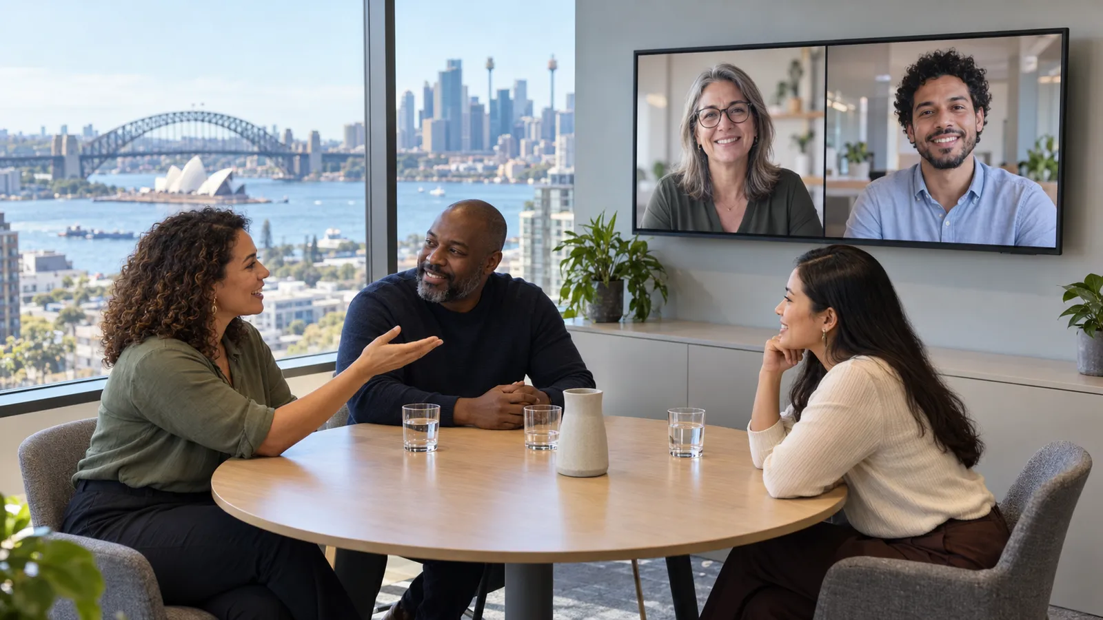 Três profissionais reunidos em um escritório com vista para Sydney conversam com dois colegas por videoconferência.