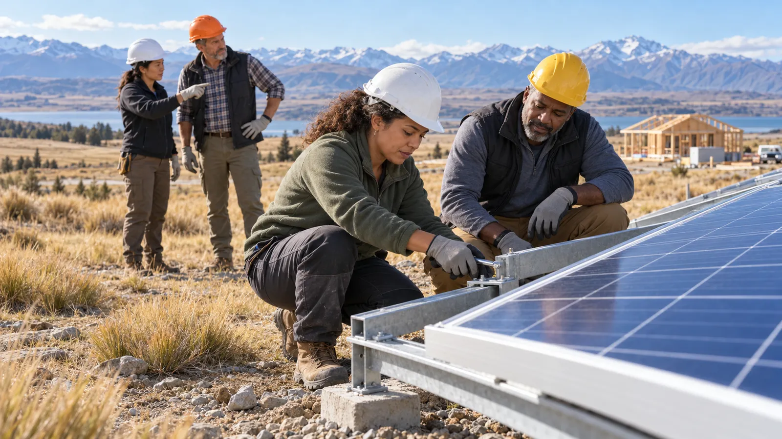 Trabalhadores instalam painéis solares em área rural da Nova Zelândia, com montanhas e uma casa em construção ao fundo.