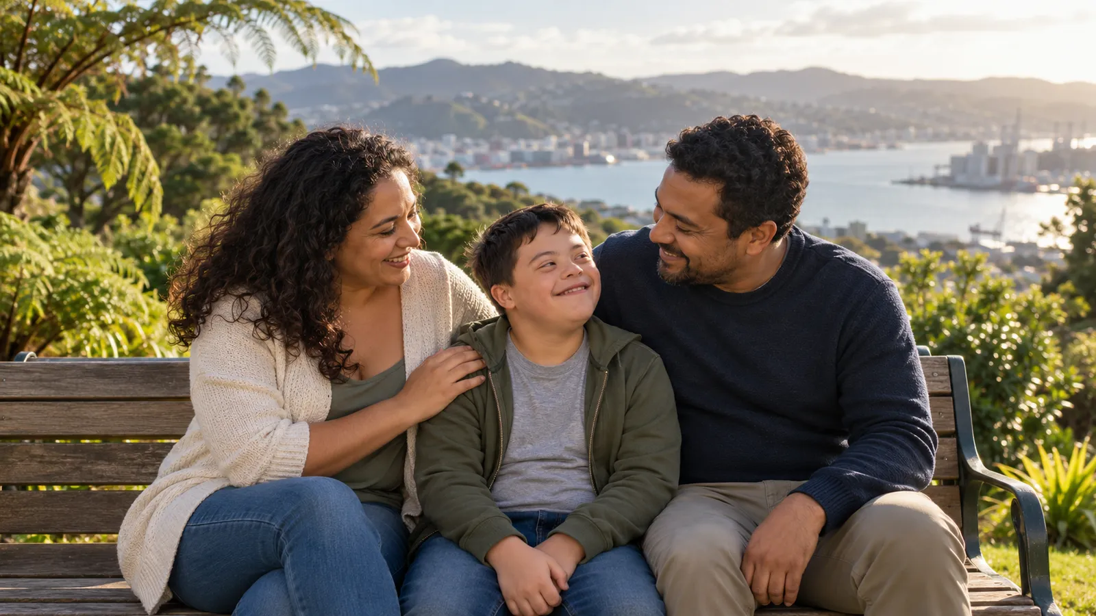 Menino com síndrome de Down sorri entre os pais em um banco de parque, com a baía de Wellington ao fundo.