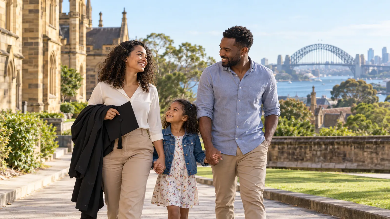 Formanda com beca e capelo caminha de mãos dadas com a filha e o companheiro em um campus, com a ponte de Sydney ao fundo.