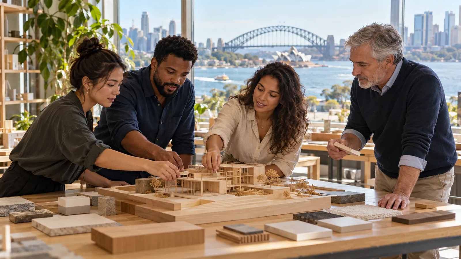 Profissionais de diferentes idades trabalham juntos em uma maquete, com a Baía de Sydney ao fundo.
