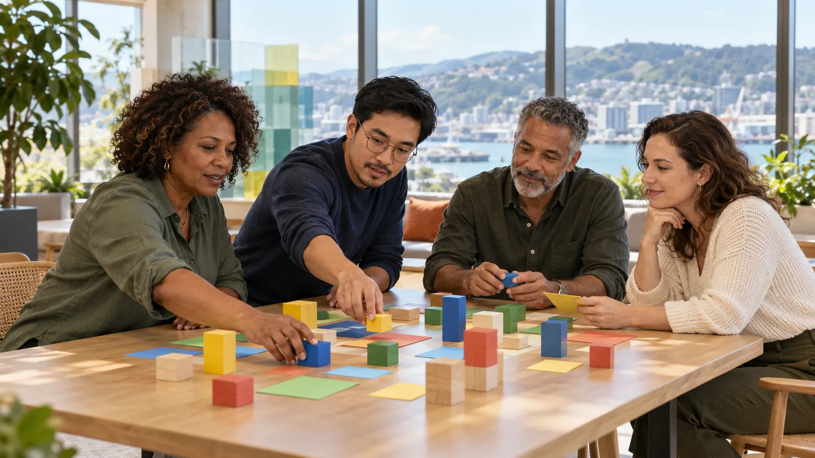 Quatro colegas organizam blocos e cartões coloridos em uma mesa de escritório com vista para o porto de Wellington.