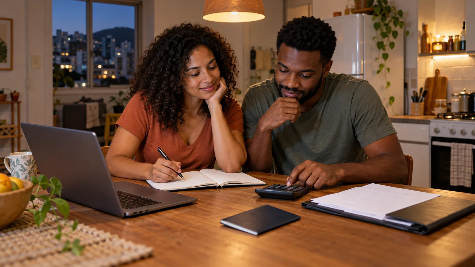 Casal brasileiro calcula custos à mesa da cozinha com laptop, calculadora e caderno sob luz quente.