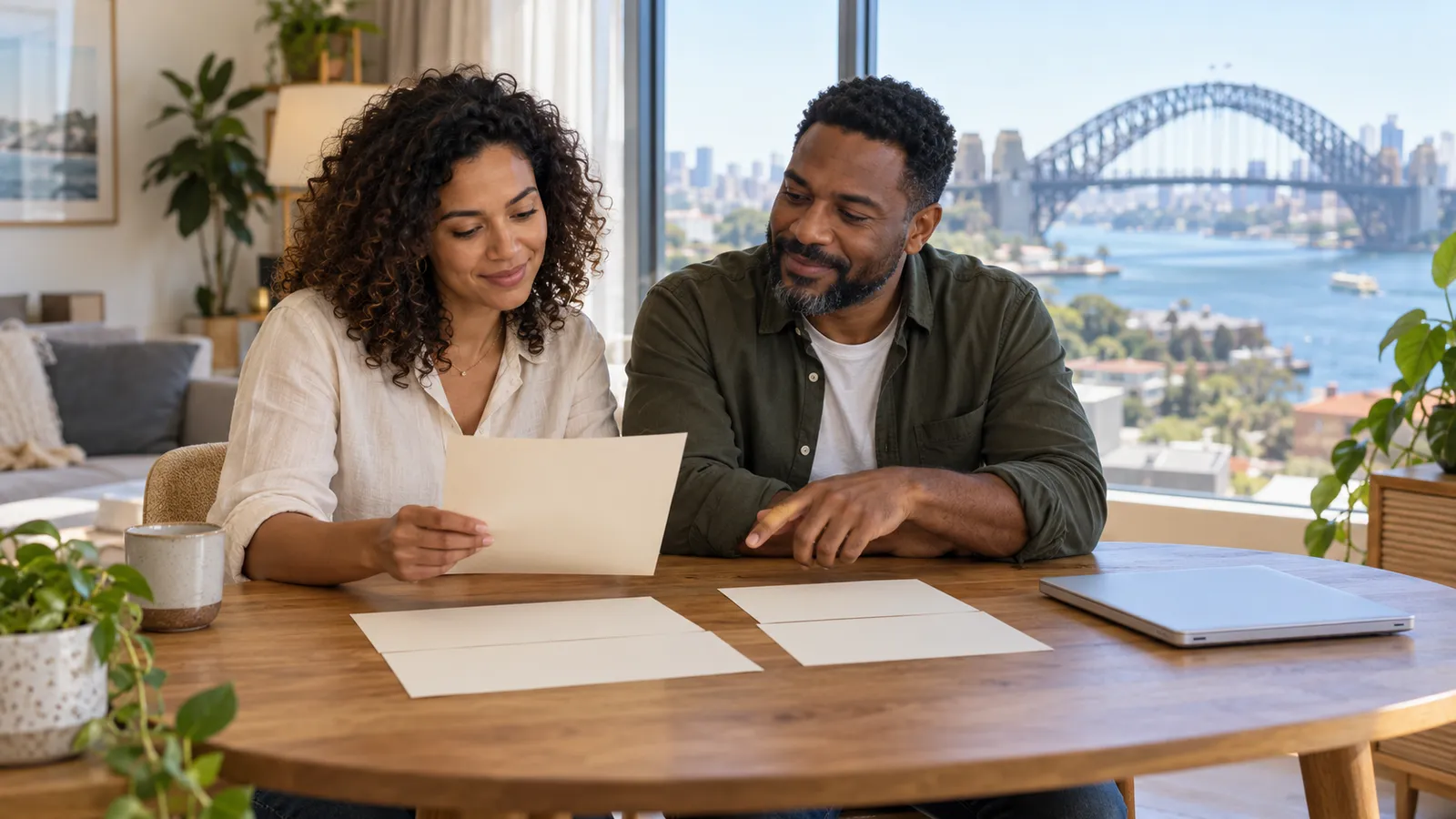 Mulher e homem analisam papéis à mesa com um notebook fechado, diante de uma janela com vista para a ponte de Sydney.