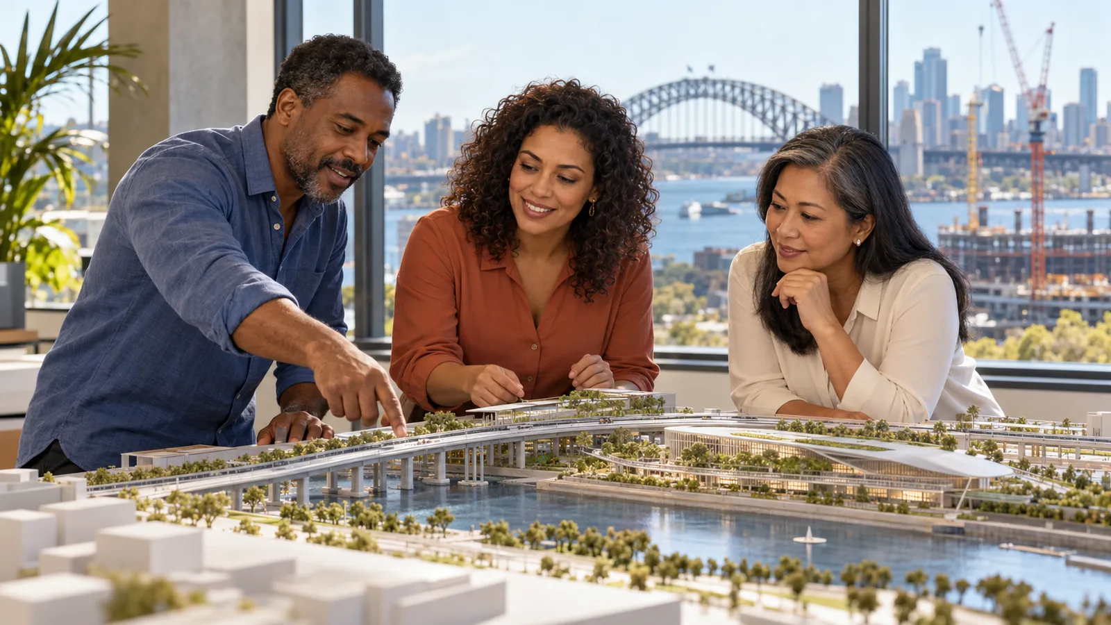 Três profissionais analisam uma maquete de infraestrutura em um escritório com vista para a Ponte da Baía de Sydney.