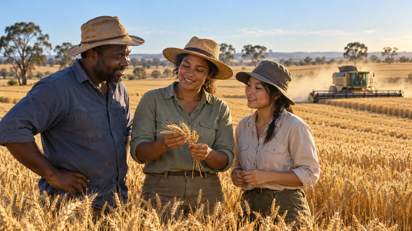 Três trabalhadores observam espigas de trigo em uma fazenda australiana, com uma colheitadeira ao fundo sob a luz do entardecer.